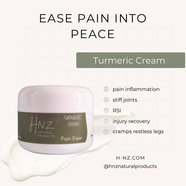 Turmeric cream jar with benefits listed on a white background