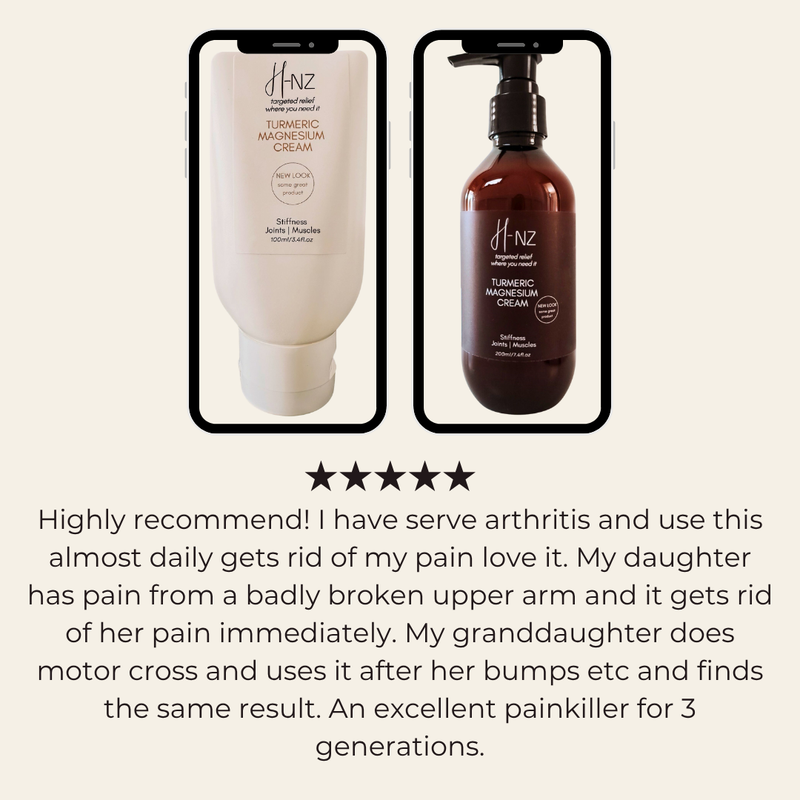 Two bottles of HNZ cream with a five-star rating and customer review on a beige background.